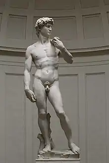 David; by Michelangelo; 1501–1504; marble; 517&nbsp;cm × 199&nbsp;cm; Galleria dell'Accademia (Florence)