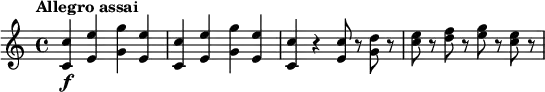 \relative c'' {
\tempo "Allegro assai"
<c c,>4\f <e e,> <g g,> <e e,> |
<c c,>4 <e e,> <g g,> <e e,> |
<c c,>4 r <c e,>8 r <d g,> r |
<e c>8 r <f d> r <g e> r <e c> r |
}