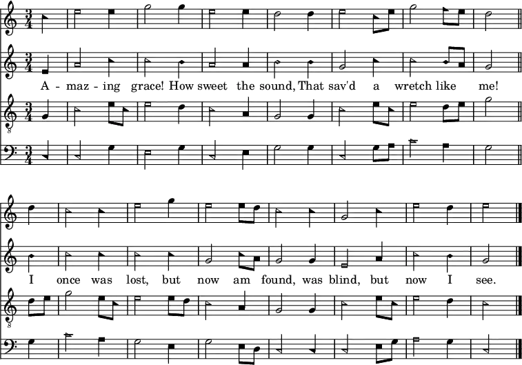 << <<
\new Staff { \clef treble \time 3/4 \partial 4 \key c \major \set Staff.midiInstrument = "flute" %sopran
\set Score.tempoHideNote = ##t \override Score.BarNumber #'transparent = ##t
\relative c'' { \sacredHarpHeads
c4 | e2 e4 | g2 g4 | e2 e4 | d2 d4 | e2 c8 e | g2 f8 e | d2 \bar"||" \break
d4 | c2 c4 | e2 g4 | e2 e8 d | c2 c4 | g2 c4 | e2 d4 | e2 \bar"|." }
}
\new Staff { \clef treble \key c \major \set Staff.midiInstrument = "flute" %alt
\relative c' { \sacredHarpHeads
e4 | a2 c4 | c2 b4 | a2 a4 | b2 b4 | g2 c4 | c2 b8 a | g2
b4 | c2 c4 | c2 c4 | g2 c8 a | g2 g4 | e2 a4 | c2 b4 | g2 }
}
\new Lyrics \lyricmode {
A4 -- maz2 -- ing4 grace!2 How4 sweet2 the4 sound,2
That4 sav'd2 a4 wretch2 like4 me!2
I4 once2 was4 lost,2 but4 now2 am4 found,2
was4 blind,2 but4 now2 I4 see.2
}
\new Staff { \clef "treble_8"
\key c \major \set Staff.midiInstrument = "oboe" %tenor
\relative c' { \sacredHarpHeads
g4 | c2 e8 c | e2 d4 | c2 a4 | g2 g4 | c2 e8 c | e2 d8 e | g2
d8 e | g2 e8 c | e2 e8 d | c2 a4 | g2 g4 | c2 e8 c | e2 d4 | c2 }
}
\new Staff { \clef bass \key c \major \set Staff.midiInstrument = "flute" %bass
\relative c { \sacredHarpHeads
c4 | c2 g'4 | e2 g4 | c,2 e4 | g2 g4 | c,2 g'8 a | c2 a4 | g2
g4 | c2 a4 | g2 e4 | g2 e8 d | c2 c4 | c2 e8 g | a2 g4 | c,2 }
}
>> >>
\layout { indent = #0 }
\midi { \tempo 4 = 80 }
