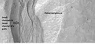 Close-up of gully showing multiple channels and patterned ground, as seen by HiRISE under the HiWish program.  Locations is Phaethontis quadrangle.