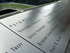 Panel S-2 of the National September&nbsp;11 Memorial & Museum's South Pool, one of three on which the names of victims from Flight&nbsp;175 are inscribed