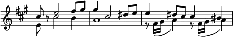 \relative c'
\new Staff \with { \remove "Time_signature_engraver" } {
\key fis \minor \time 4/4
<<
{
\voiceOne
cis'8 b8\rest e2 fis8 gis gis4 cis,2 dis8 e e4 dis8 cis cis4 bis4
}
\new Voice
{
\voiceTwo
e,8 s8 cis'2 b4 a1 r8 fis16( gis a4) r8 fis16( gis a4)
}
>>
}