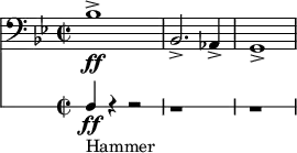<< \new Staff \relative c' { \clef bass \time 2/2 \key bes \major bes1\ff-> | bes,2.-> aes4-> | g1-> } \new RhythmicStaff { \clef bass b4_"Hammer"\ff r4 r2 | r1 | r1 } >>