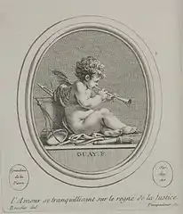 Love at Peace in the Reign of Justice; engraved print by Madame de Pompadour of a drawing by Boucher, after an engraved gemstone by Guay c. 1755