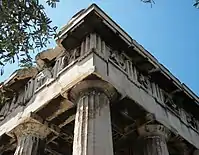 The entablature of the Hephaisteion (temple of Hephaistos) in Athens, showing Doric frieze with sculpted metopes