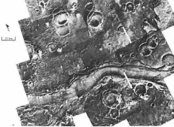 Ares Vallis, capture by Viking and edited as a false color image.  The channel is 25&nbsp;km wide and about 1&nbsp;km deep.  It would be quite spectacular to walk down this valley.