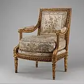 Louis XVI armchair (Fauteuil à la reine); 1780–1785; carved and gilded walnut, and embroidered silk satin; height: 102.2&nbsp;cm, width: 74.9&nbsp;cm, depth: 77.8&nbsp;cm; Metropolitan Museum of Art