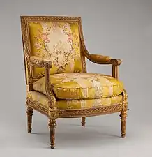 Armchair (fauteuil) from Louis XVI's Salon des Jeux at Saint Cloud; 1788; carved and gilded walnut, gold brocaded silk (not original); overall: 100 × 74.9 × 65.1&nbsp;cm; Metropolitan Museum of Art