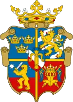 Coat of arms of Prince John when he was the Duke of Finland 1556–1563, showing the two-pointed Swedish ensign in the lower right-hand quadrant.