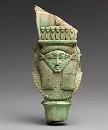 Sistrum decorated with a Hathor face; 664–332&nbsp;BC; faience; length: 15.5&nbsp;cm, width: 6.4&nbsp;cm; Metropolitan Museum of Art (New York City)