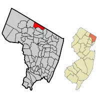 Location of Montvale in Bergen County highlighted in red (left). Inset map: Location of Bergen County in New Jersey highlighted in orange (right).