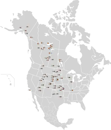 Distribution of public herds of plains bison and of free-ranging or captive breeding wood bison in North America as of 2003.&nbsp;&nbsp;Wood bison&nbsp;&nbsp;Plains bison