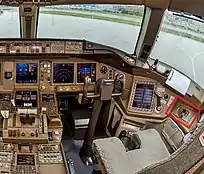 wide angle view of aircraft cockpit