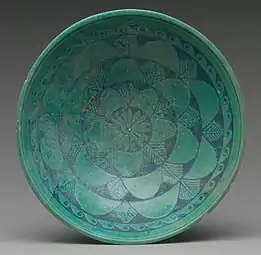 Ancient Egyptian bowl; 200–150&nbsp;BC; faience; 4.8 × 16.9&nbsp;cm (1.9 × 6.7&nbsp;in); Metropolitan Museum of Art (New York City)