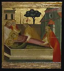 Lorenzo di Niccolò, Saint Lawrence Buried in Saint Stephen's Tomb, 1410–1414, tempera and tooled gold on poplar, 33 × 36&nbsp;cm