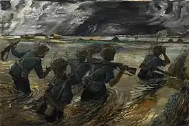 Royal West Kents making an armed patrol deep in flooded paddy fields during the battle. Painting by Leslie Cole