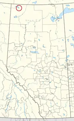 A map of the province of Alberta showing 80 counties and 145 small Indian reserves. One is highlighted with a red circle.