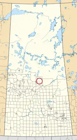 A map of the province of Saskatchewan showing 297 rural municipalities and hundreds of small Indian reserves. One is highlighted with a red circle.