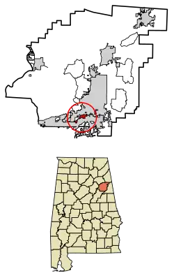 Location of Hobson City in Calhoun County, Alabama.