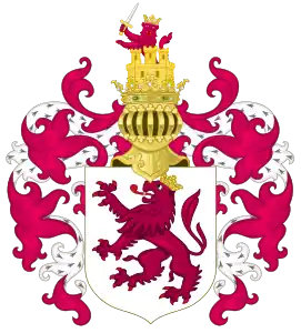 Canting coat of arms of the Kingdom of León with the royal crest, based on the royal arms (12th century)