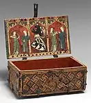 Gothic coffret (Minnekästchen); circa 1325–1350; oak, inlay, tempera, wrought-iron mounts; overall: 12.1 x 27.3 x 16.5&nbsp;cm; Metropolitan Museum of Art (New York City)