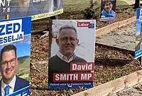 Corflutes for David Smith and other election candidates at a polling station in Wanniassa – May 2022
