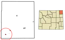 Location of Moorcroft in Crook County, Wyoming.