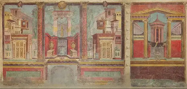 Restoration of a fresco from an Ancient Roman villa bedroom, circa 50-40&nbsp;BC, dimensions of the room: 265.4 × 334 × 583.9&nbsp;cm, in the Metropolitan Museum of Art (New York City)