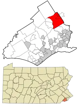 Location in Delaware County and the state of Pennsylvania.