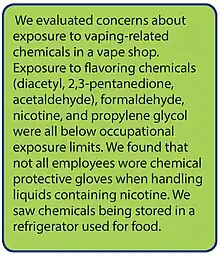 Highlights of concerns from a 2017 United States Department of Health and Human Services report regarding exposure to vaping-related chemicals in a vape shop.