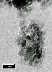 An image resembling a cluster of grape where the cluster consists of nearly spherical particles of 5&nbsp;nm (2.0×10−7&nbsp;in) diameter
