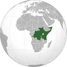 An orthographic projection of the world, highlighting the proposed East African Federation's territory (green).