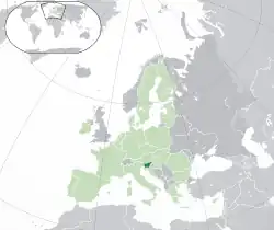 Location of&nbsp;Slovenia&nbsp;(dark green)–&nbsp;in Europe&nbsp;(green &&nbsp;dark grey)–&nbsp;in the European Union&nbsp;(green)