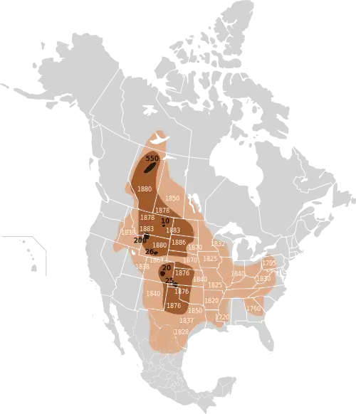 Map of the extermination of the bison to 1889. This map based on William Temple Hornaday's late-19th century research.&nbsp;&nbsp;Original range&nbsp;&nbsp;Range as of 1870&nbsp;&nbsp;Range as of 1889
