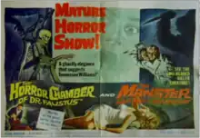 A film poster advertising for the films The Manster on the right and The Horror Chamber of Dr.Faustus on the left. The left side features a skeleton and a small image of suffocation from the film as well as text praising the film. The second side of the poster features a two-headed man wielding a dagger with a woman in peril at the bottom dressed in white.
