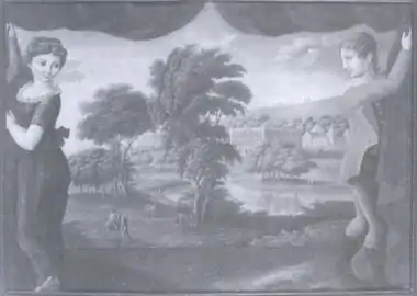 Fireboard with view of Chatsworth, Derbyshire, England, by M.F. Corné