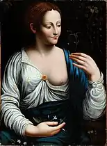 After Francesco Melzi, "Flora, or La Colombina," 16th century. Oil on panel, 64.5 x 47.7&nbsp;cm. Château de Blois (869.2.15).