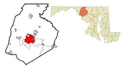 Location of Frederick in Frederick County, Maryland (left) and of Frederick County in Maryland (right)