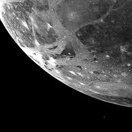 Icy surface of Ganymede as photographed from 253,000&nbsp;km