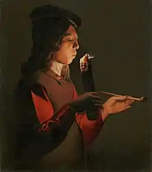 An oil painting of a young man smoking, in the chiaroscuro style