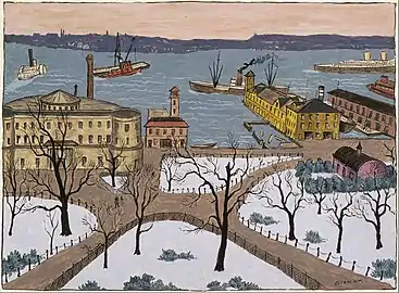 Battery Park; by Glenn O. Coleman; gouache on paper, 31&nbsp;cm ×&nbsp;42&nbsp;cm (12+1⁄4&nbsp;in ×&nbsp;16+1⁄2&nbsp;in).