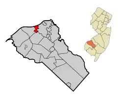 Location of Paulsboro in Gloucester County highlighted in red (left). Inset map: Location of Gloucester County in New Jersey highlighted in orange (right).
