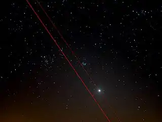 The ecliptic latitude of Venus (thin red dashed line), i.e. her distance from the ecliptic (thick red dashed line), is 3.0&nbsp;degrees.