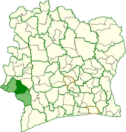 Location in Ivory Coast. Guiglo Department has had these boundaries since 2013.