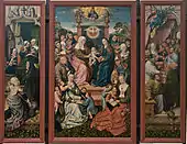 Master of Frankfurt, St. Anne Altarpiece, circa 1505, 126&nbsp;cm ×&nbsp;212&nbsp;cm (50&nbsp;in ×&nbsp;83&nbsp;in), Historical museum, Frankfurt. Created ca. 1505 for the Monastery of the Dominican Order in Frankfurt.