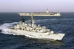 Naval blockade by British frigate HMS&nbsp;Cumberland (here pictured with USS&nbsp;Dwight D. Eisenhower in view)
