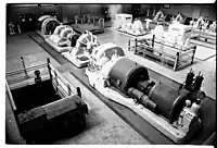 A large turbine in a machinery hall