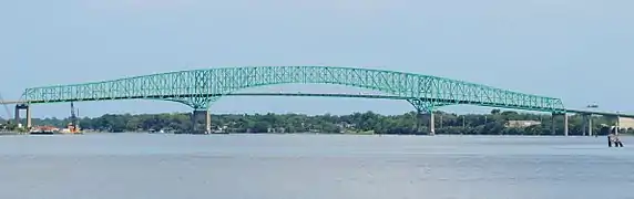 The Hart Bridge spanning the St. Johns River in Jacksonville, Florida, is a continuous, cantilevered truss bridge which combines a suspended road deck on the 332-metre (1,088&nbsp;ft) main span and through truss decks on the adjacent approach spans
