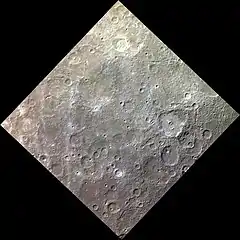 Approximate color image of the surface of Mercury including Hals crater.  The prominent crater at right is Hawthorne, and Hals is south of it.