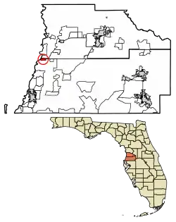 Location of Aripeka in Hernando County and Pasco County, Florida.